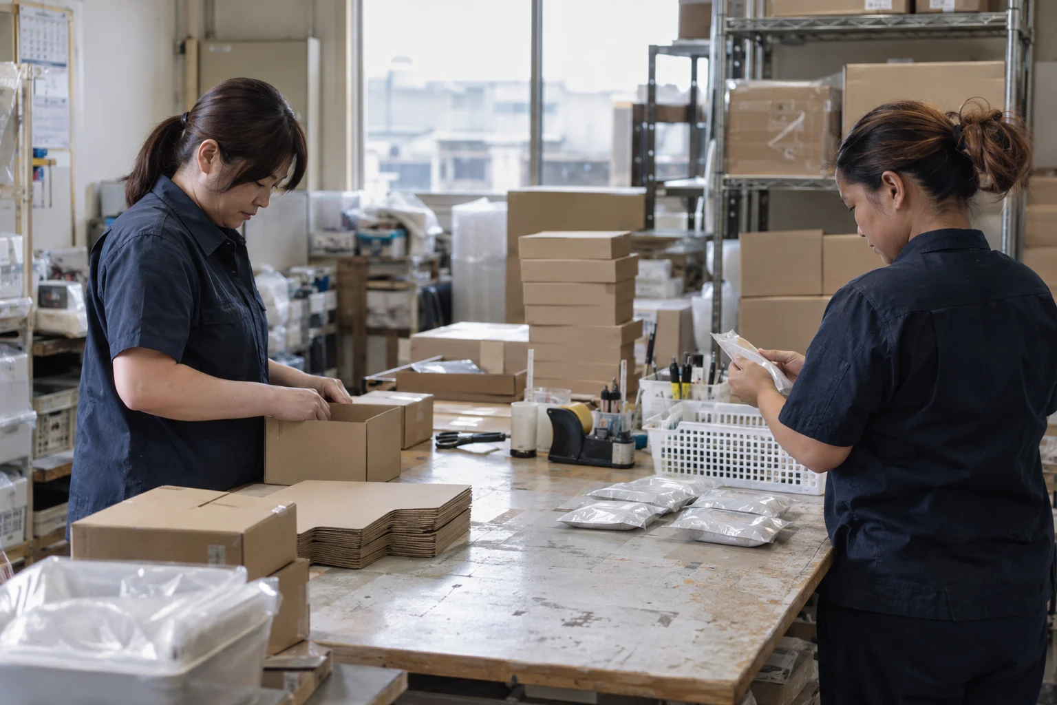 商品の包装と箱詰めを進める作業風景のイメージ