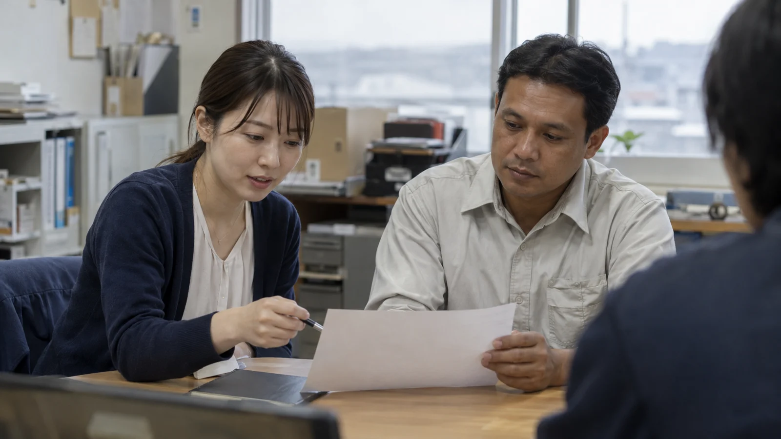 仕事や受け入れについて資料を見ながら相談するイメージ